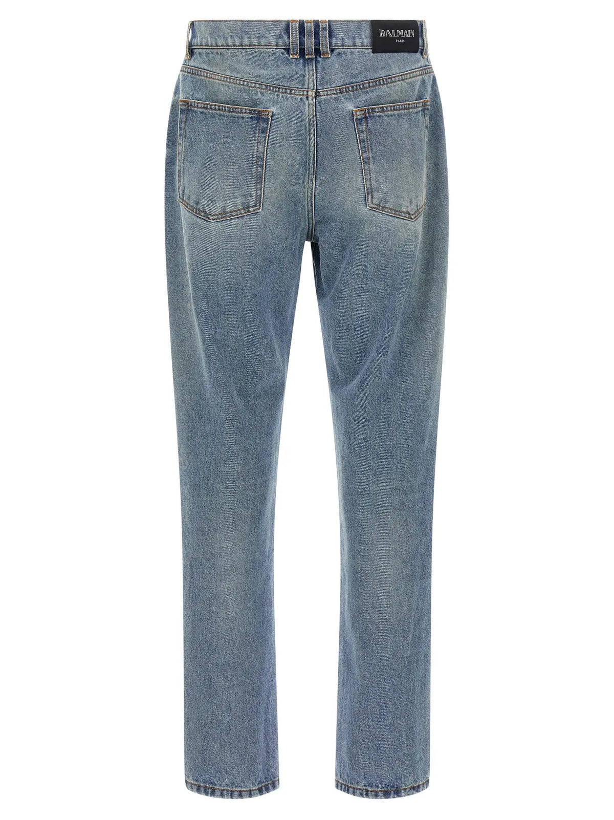 Jean en denim coton bleu clair balmain paris coupe droite avec poches arrière classiques vu de dos