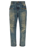 Jean droit en coton bleu balmain avec délavé usé et zips dorés sur poches avant, cuisses et chevilles