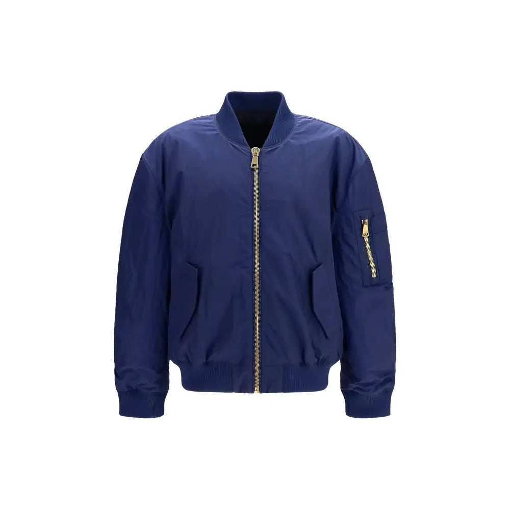 Blouson aviateur balmain bleu en polyamide avec fermetures éclair dorées et poignets côtelés en marine
