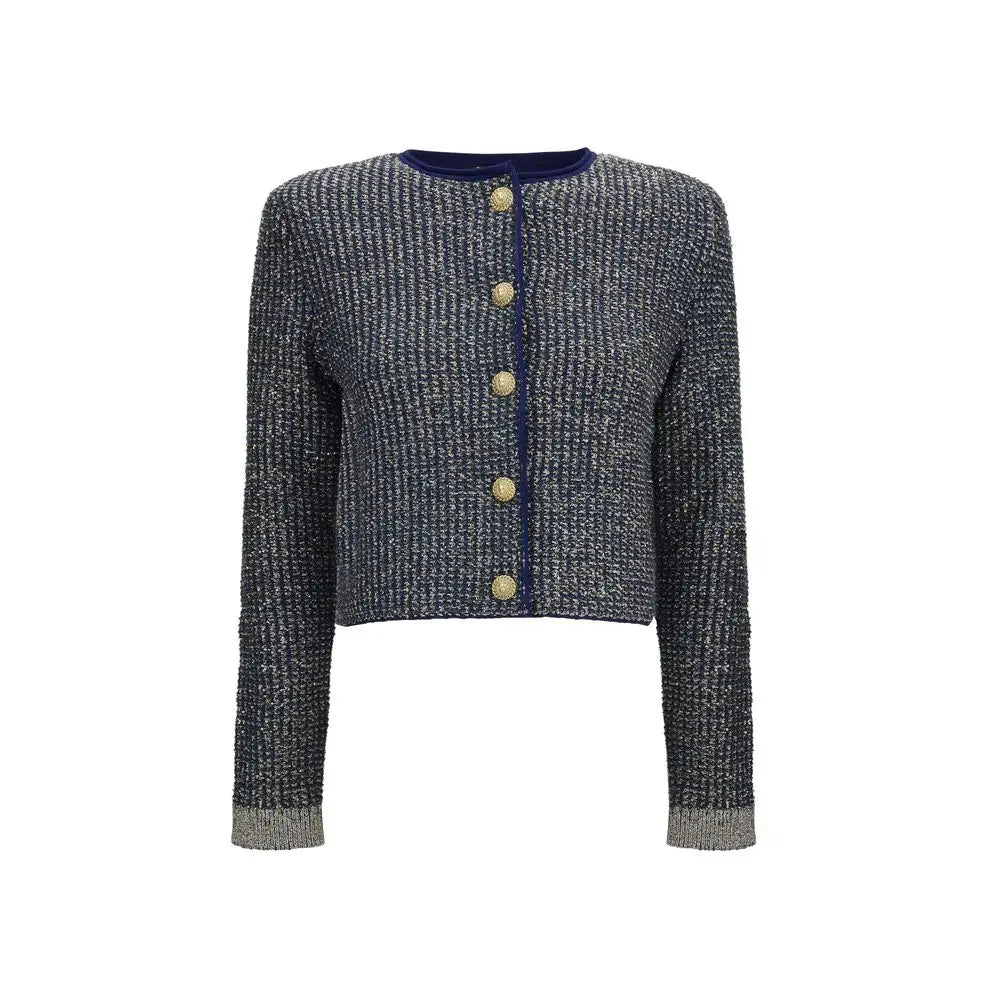 Cardigan court balmain bleu en polyamide avec tweed bleu marine et argent orné de boutons dorés