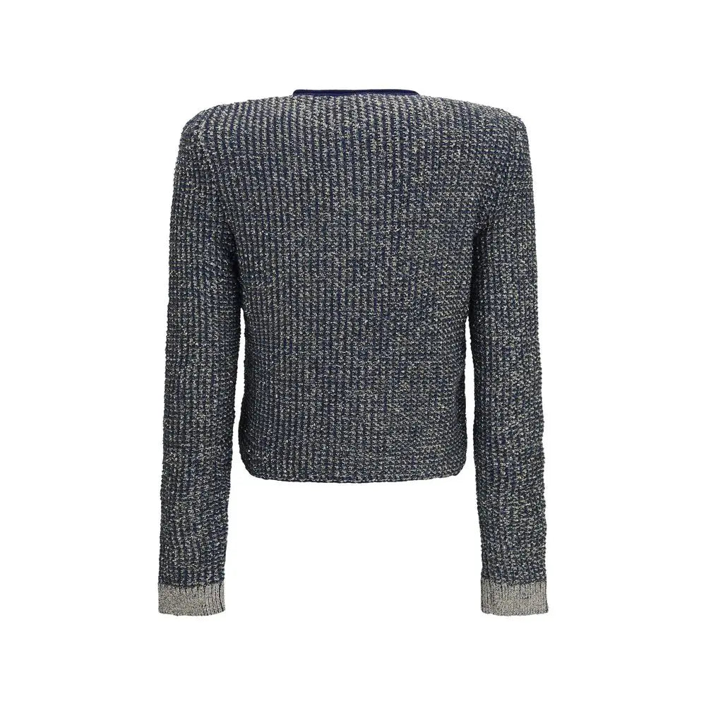 Cardigan balmain bleu en polyamide avec pull court en tweed gris foncé et blanc texturé à ourlet et poignets côtelés