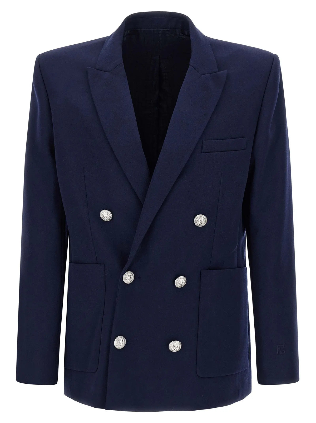 Balmain bleu blazer en laine vierge marine à double boutonnage argenté avec coupe structurée