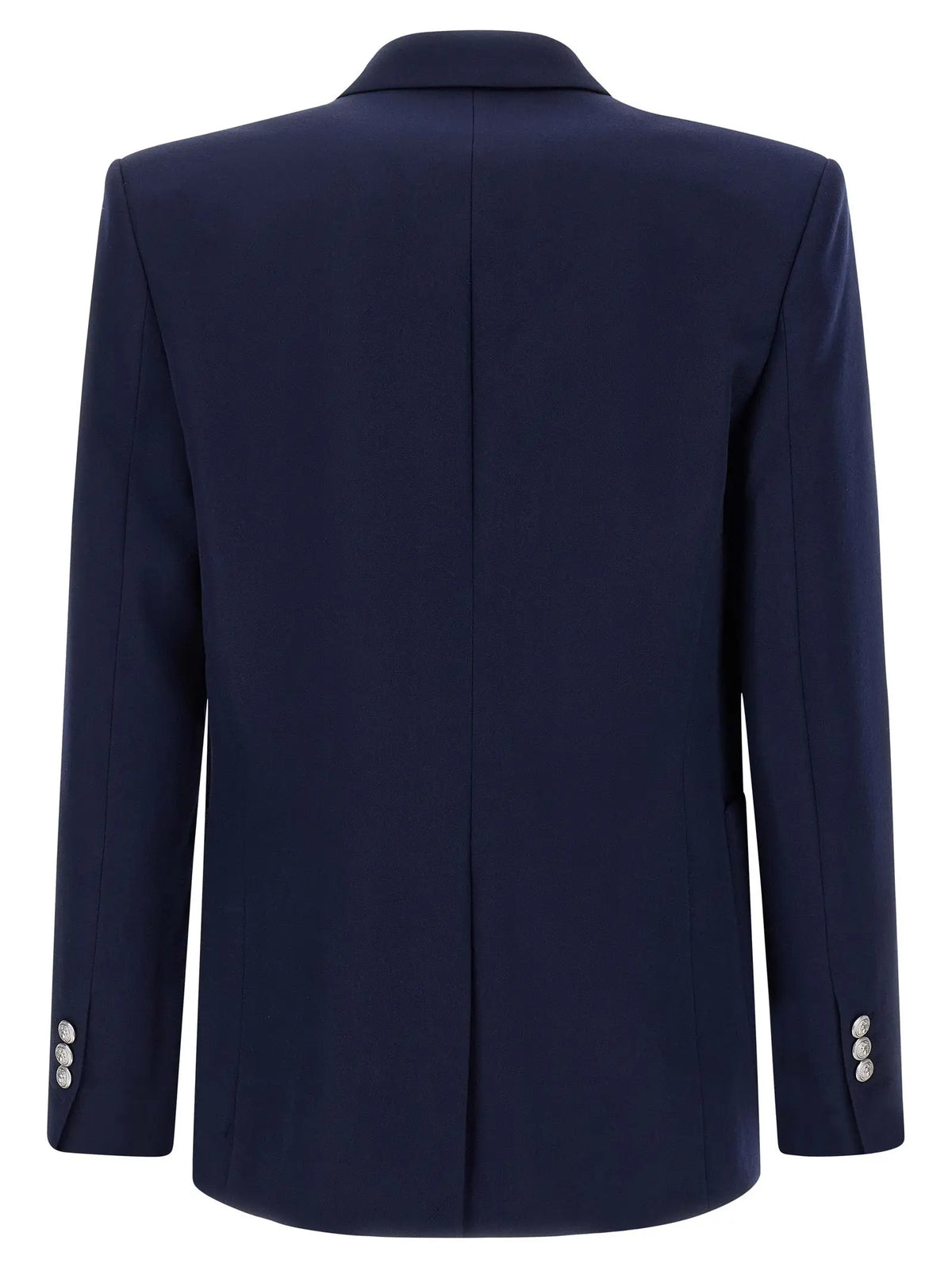 Blazer bleu marine balmain en laine vierge avec boutons argentés et coupe structurée pour un style élégant
