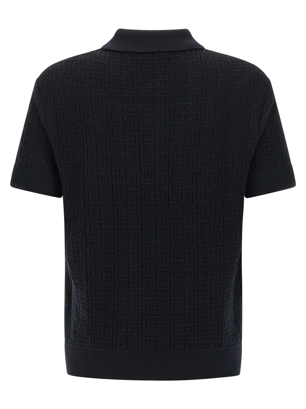 Chemise polo en laine bleu balmain avec motif géométrique noir tricoté