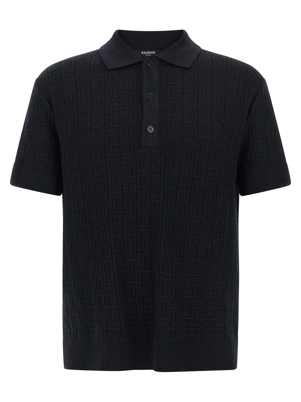 Polo balmain bleu en laine avec motif géométrique texturé et poignets côtelés en noir
