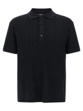 Polo balmain bleu en laine avec motif géométrique texturé et poignets côtelés en noir