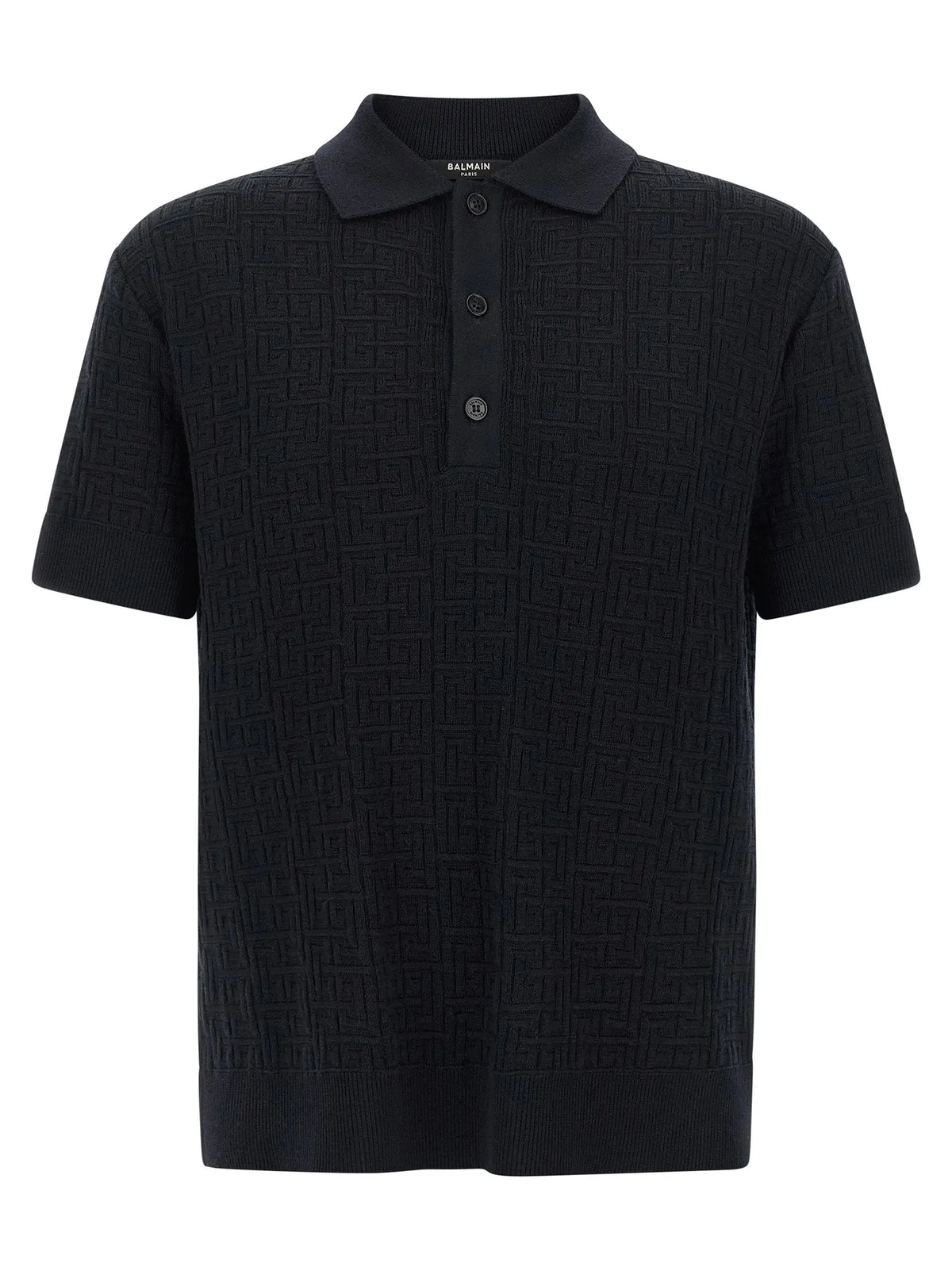Polo balmain bleu en laine avec motif géométrique texturé et poignets côtelés en noir