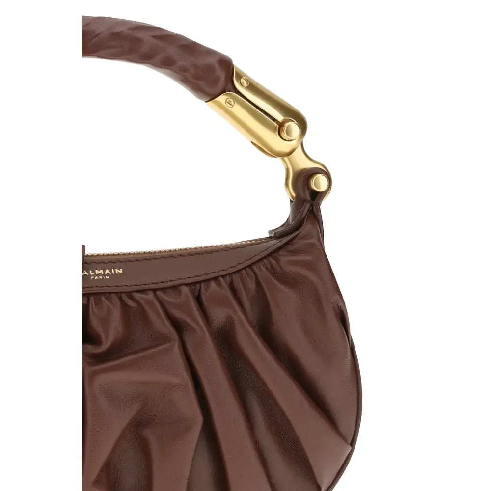 Sac à bandoulière balmain bos taurus en cuir de veau marron avec poignée tressée texturée et quincaillerie dorée
