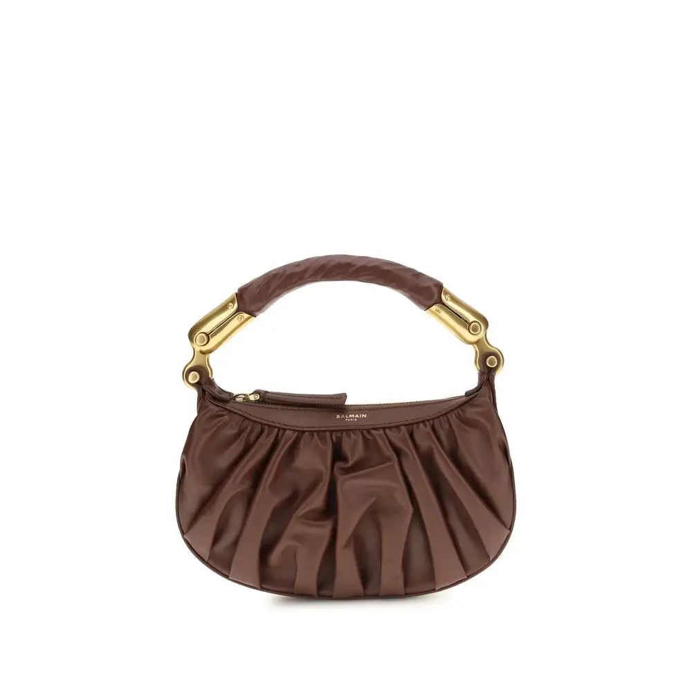 Sac à bandoulière balmain bos taurus en cuir de veau marron avec corps plissé et poignée bambou dorée