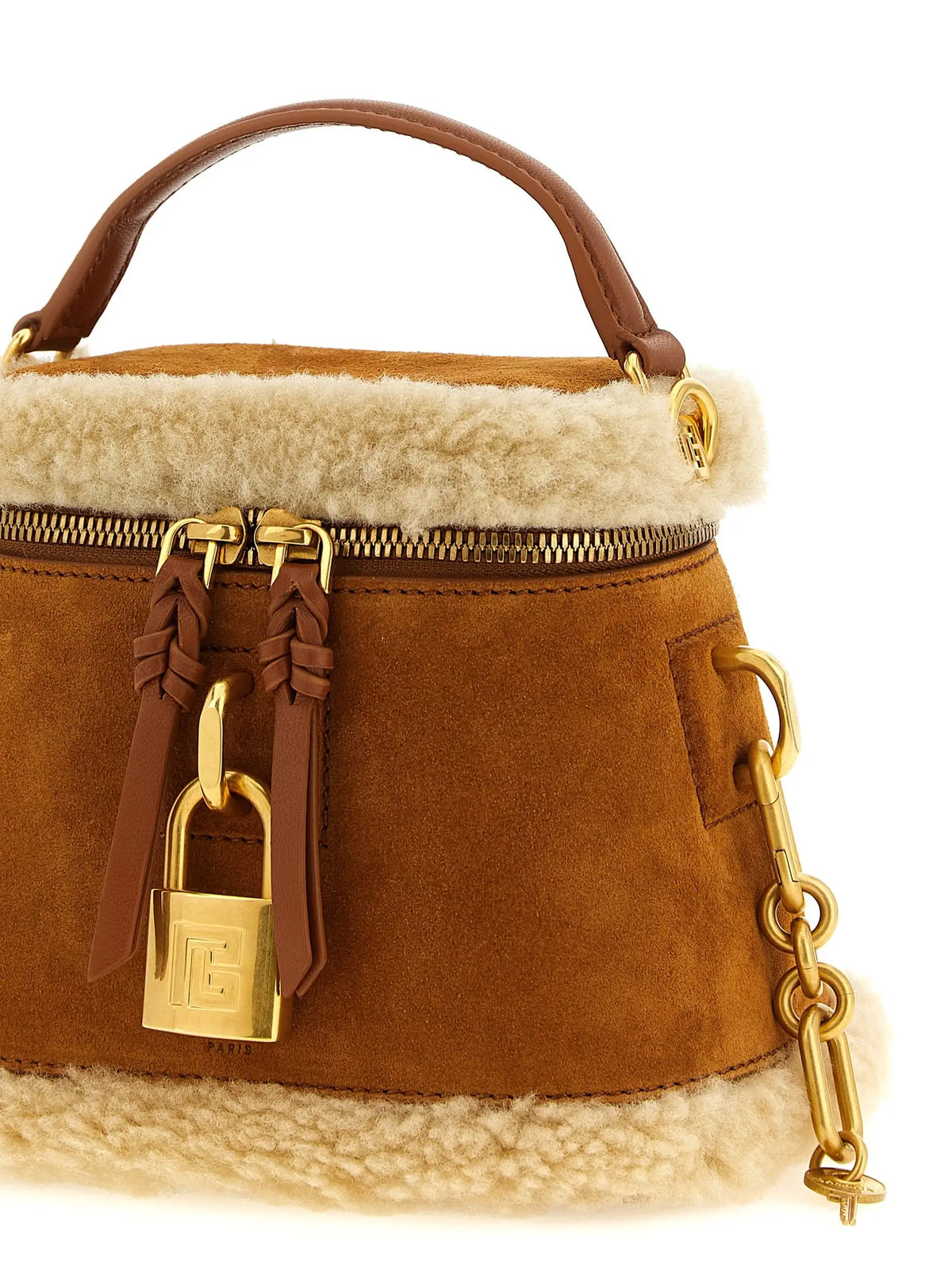 Sac à main balmain en cuir de veau marron avec doublure en shearling crème et chaîne amovible en métal doré