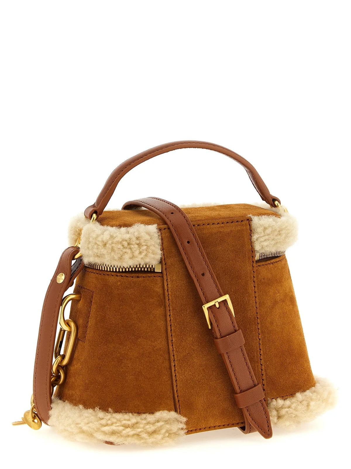 Sac à main balmain marron en cuir de veau avec garniture en shearling crème et ferrures dorées