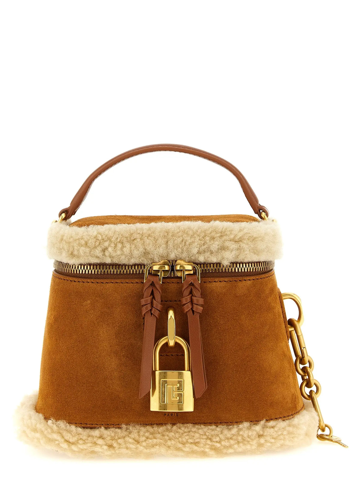 Sac seau balmain en cuir de veau marron avec suédine tan, bordure en shearling crème et fermeture cadenas dorée