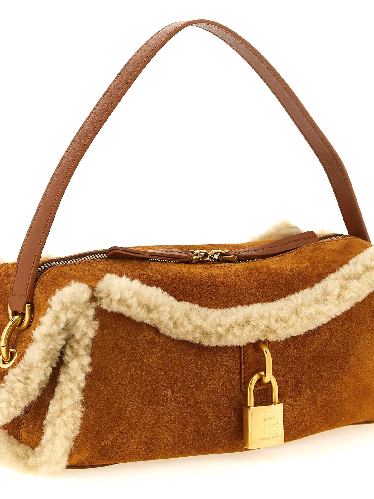 Sac à bandoulière balmain en veau marron avec garniture en shearling crème et fermoir cadenas doré
