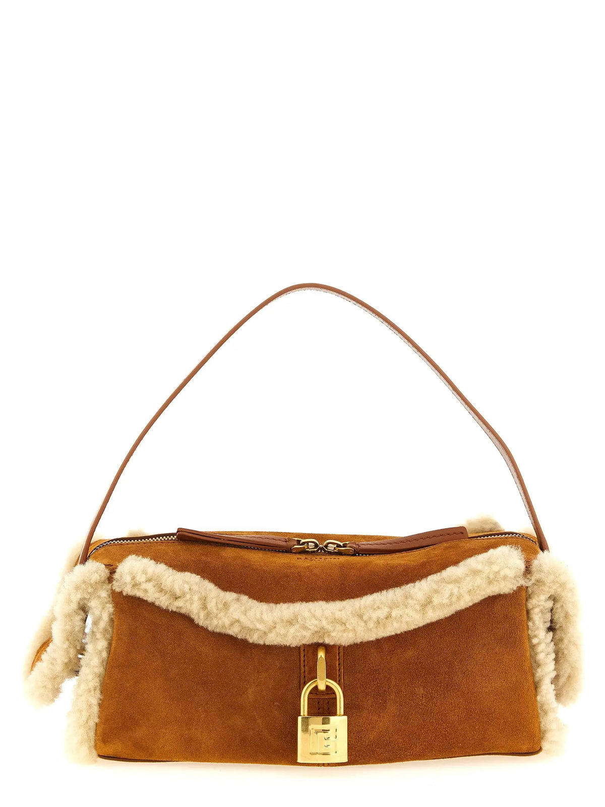 Sac à bandoulière Balmain en cuir de veau marron avec garniture en shearling crème et fermoir cadenas doré