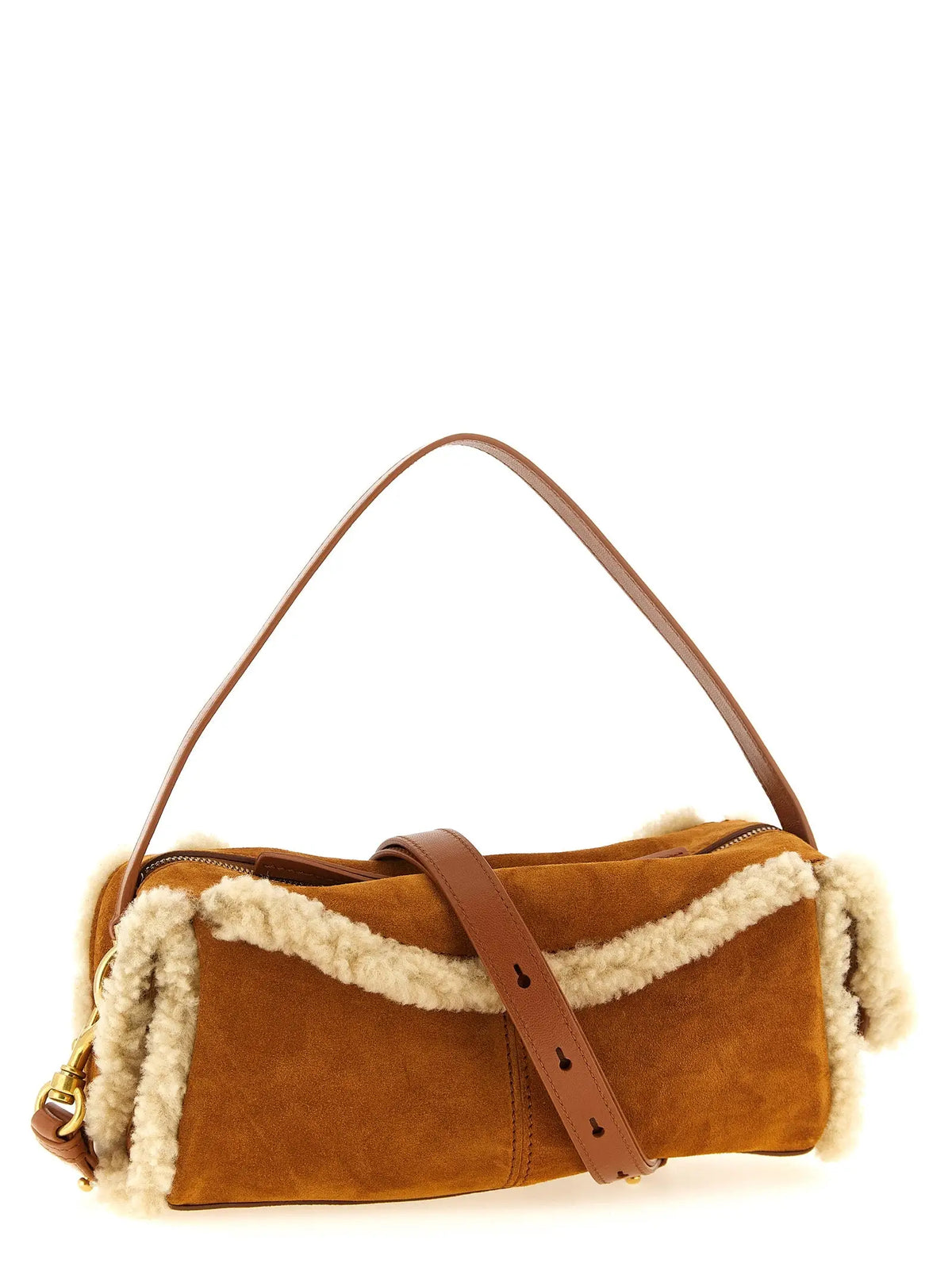 Sac à bandoulière Balmain en cuir de veau marron avec sac en daim marron et garniture en shearling crème