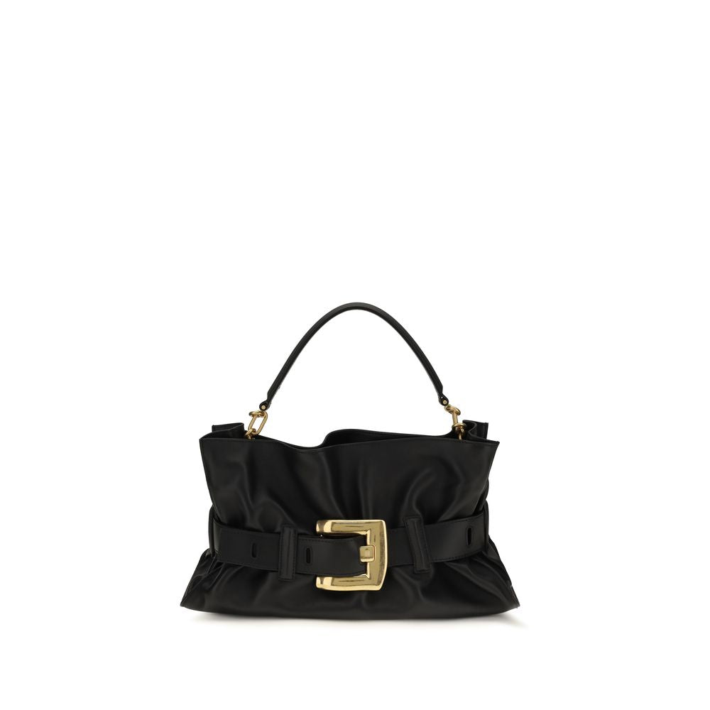 Sac à main Balmain en cuir de veau noir Bos Taurus, design élégant avec détails sophistiqués.