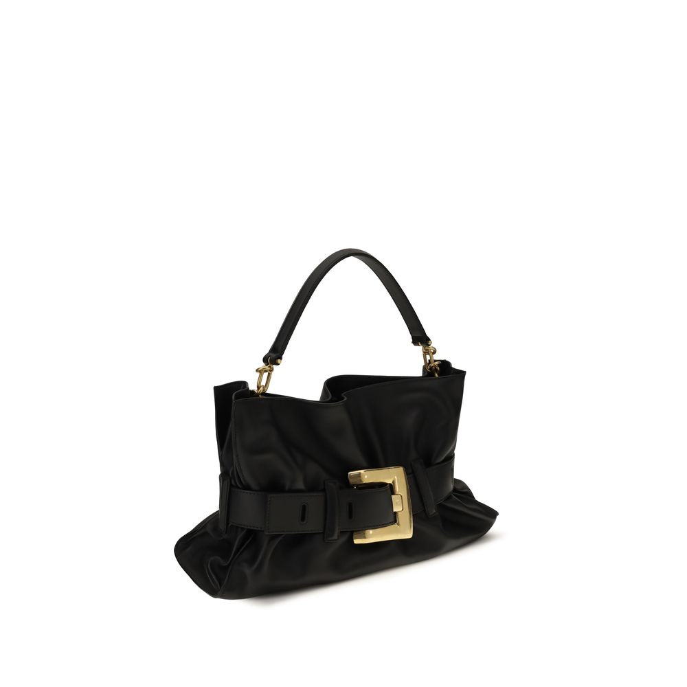 Sac à main Balmain en cuir de veau noir Bos Taurus, design élégant avec détails sophistiqués.