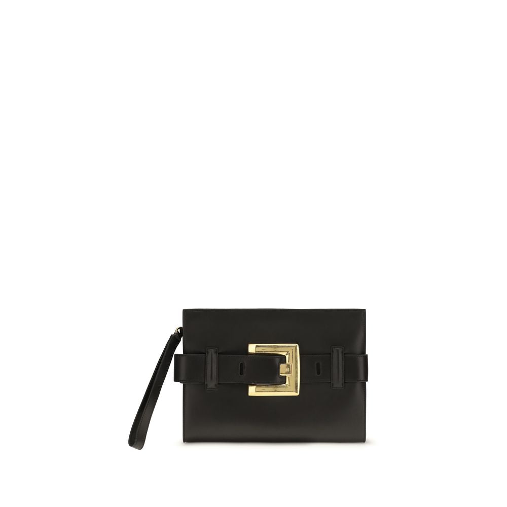 Sac clutch Balmain en agneau noir Ovis Aries avec détails élégants et finition sophistiquée, vue de face.
