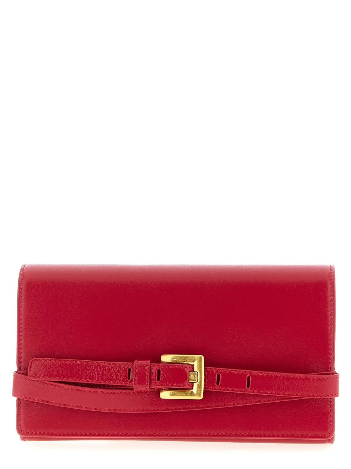 Balmain fuchsia calfskin cardholder en cuir rouge avec boucle dorée et bandoulière assortie