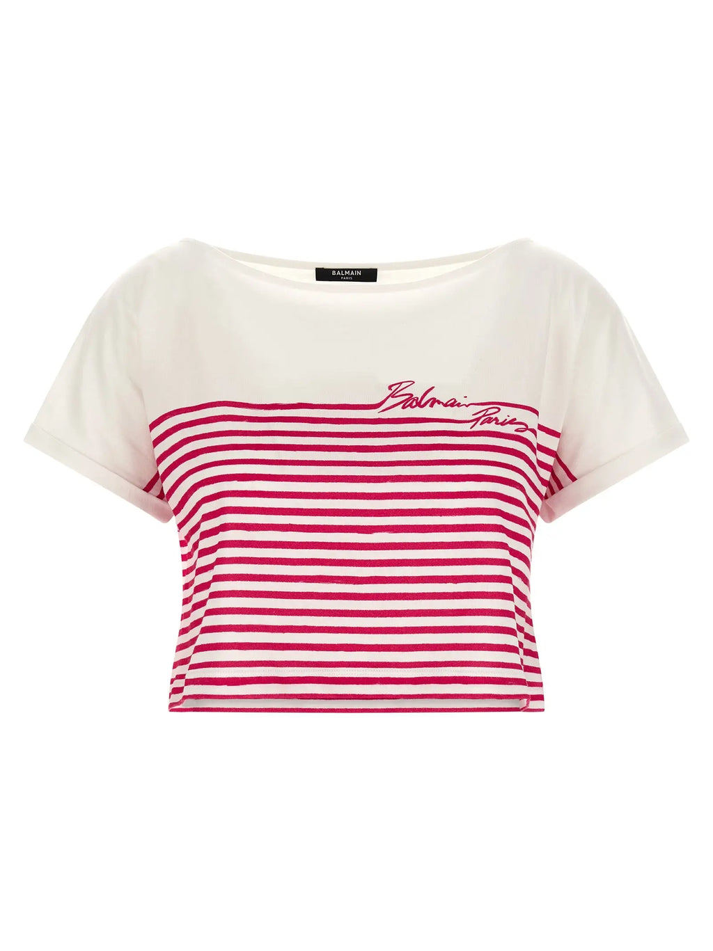 T-shirt cropé balmain paris en coton fuchsia avec larges rayures horizontales rouges et logo brodé assorti sur la poitrine