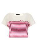 T-shirt cropé balmain paris en coton fuchsia avec larges rayures horizontales rouges et logo brodé assorti sur la poitrine