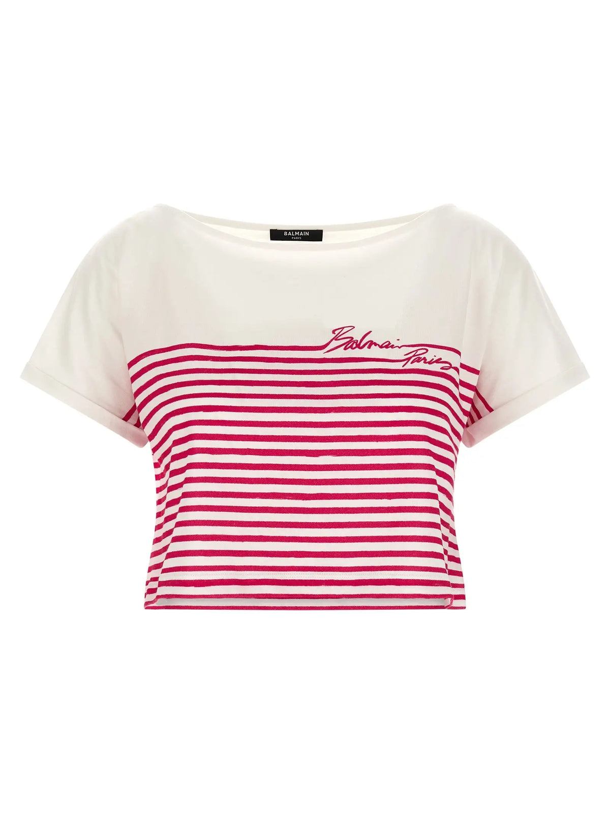 T-shirt cropé balmain paris en coton fuchsia avec larges rayures horizontales rouges et logo brodé assorti sur la poitrine
