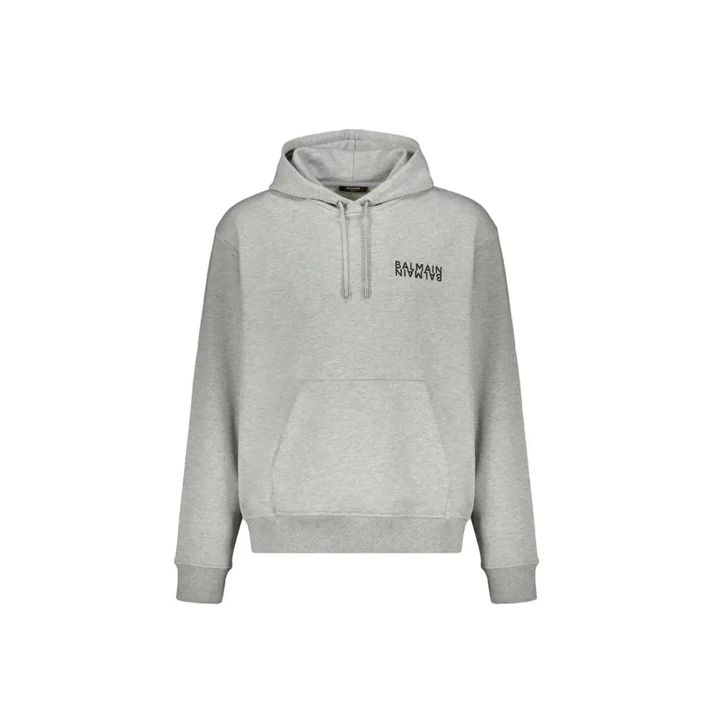 Sweat à capuche balmain gris en coton avec logo noir subtil sur la poitrine et cordons assortis