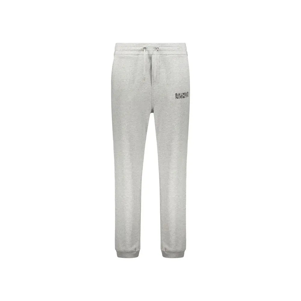 Jogging balmain gris en coton clair chiné avec taille ajustable et logo brodé sur la cuisse gauche