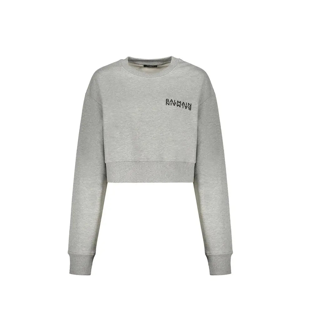Sweatshirt balmain gris en coton avec logo brodé noir sur la poitrine en heather gray cropped