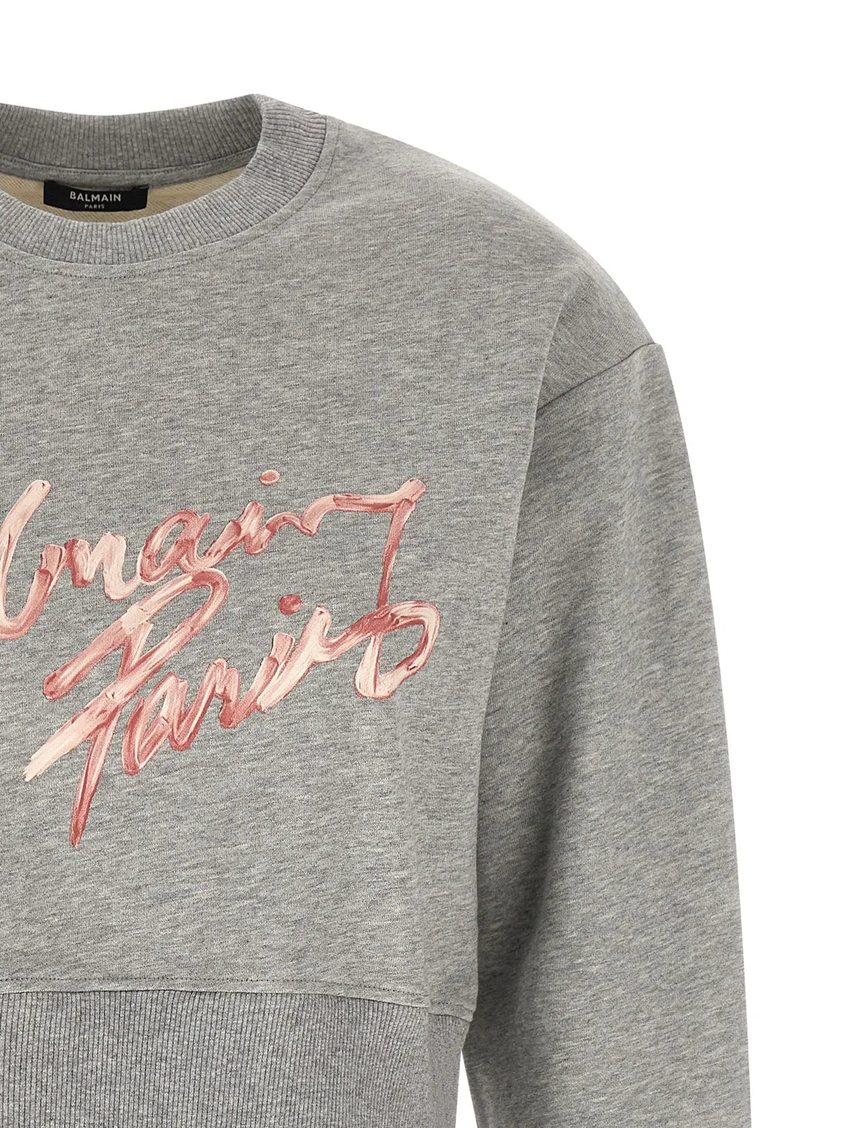 Sweatshirt balmain gris en coton avec logo balmain paris rose brillant en script cursif