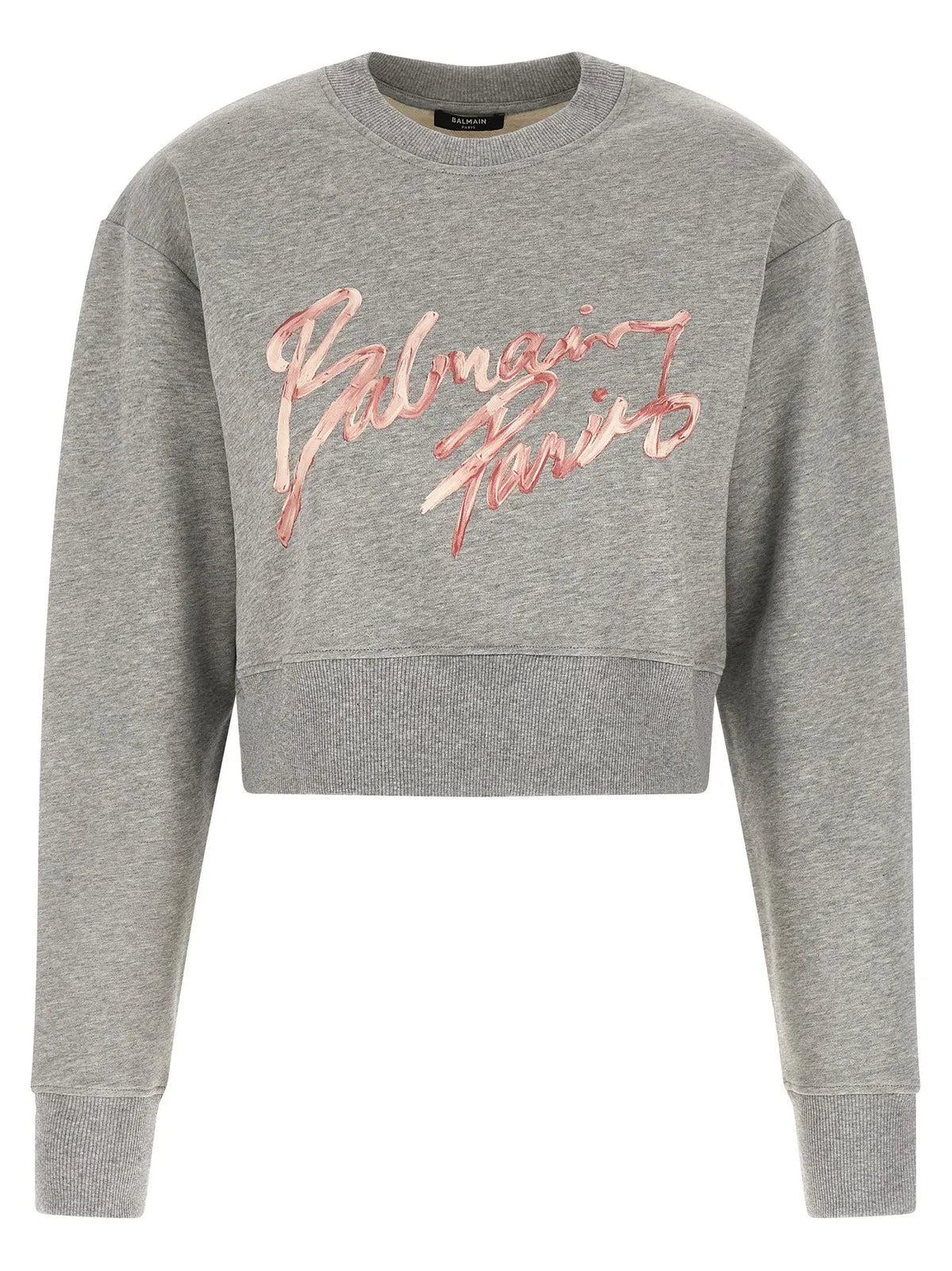Gray coton sweat-shirt cropped avec logo brodé palmaire paris rose de balmain
