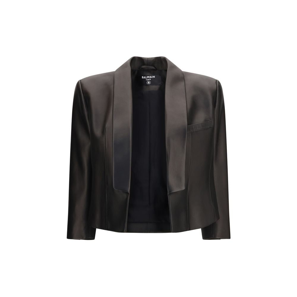 Veste en cuir noir Balmain en agneau ovis Aries, coupe élégante et détails sophistiqués, vue de face.