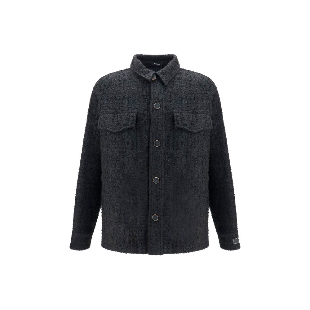 Veste en coton noire Balmain, coupe shell, avec détails modernes et style élégant, vue de face sur fond neutre.