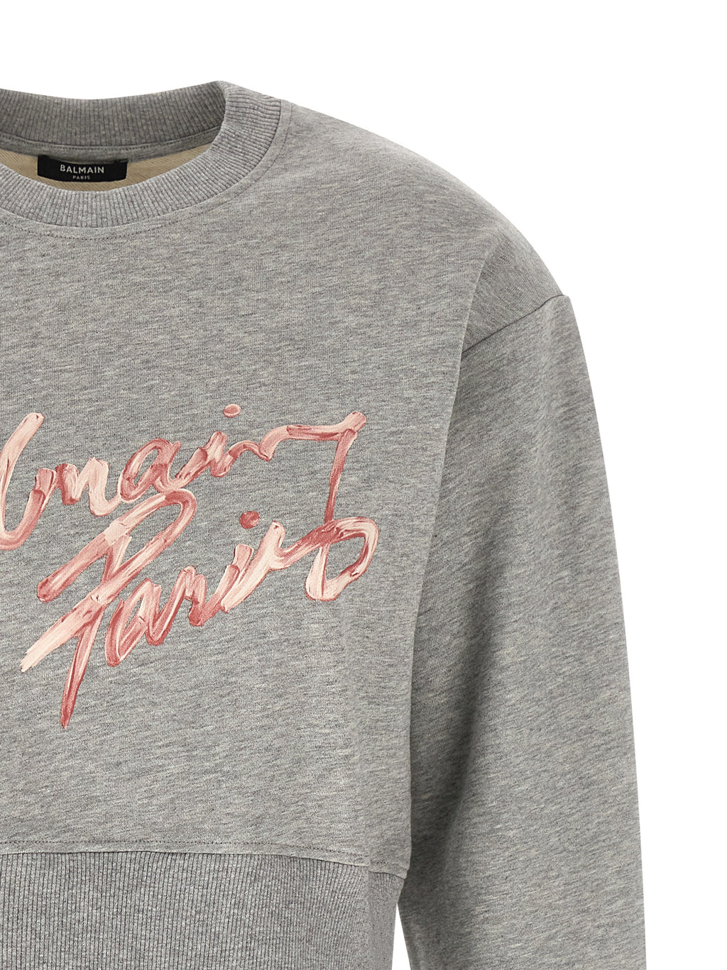 Sweat-shirt gris en coton de Balmain, coupe décontractée avec logo discret sur le devant, prêt à porter.