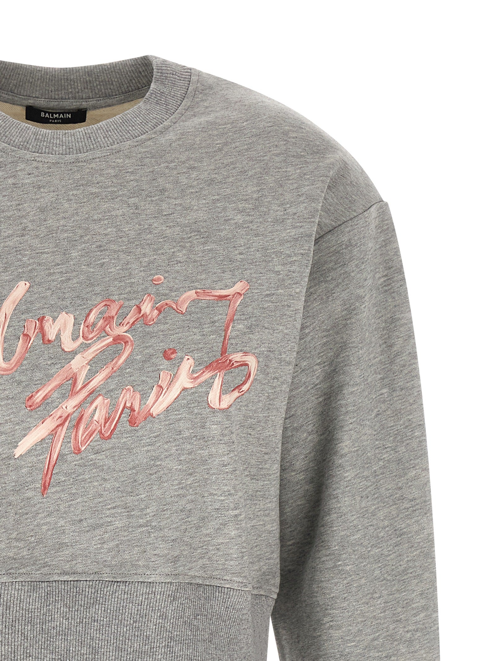Sweat-shirt gris en coton de Balmain, coupe décontractée avec logo discret sur le devant, prêt à porter.