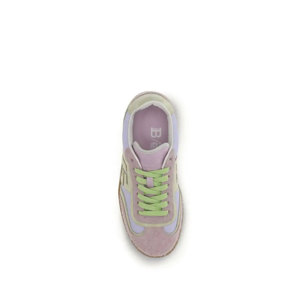 Baskets balmain bos taurus en cuir de veau multicolore avec suède rose pastel et lavande et lacets vert citron