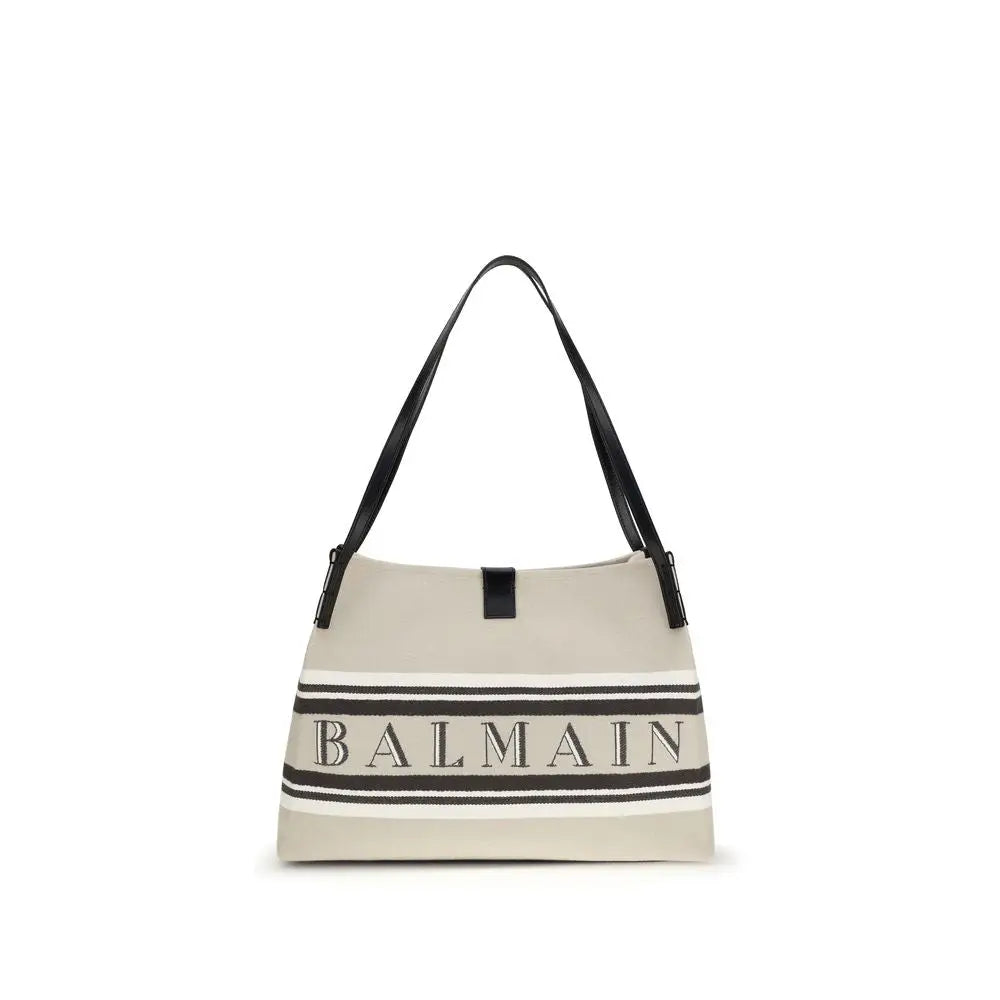 Sac cabas balmain beige avec anses noires et rayures horizontales brandées en coton multicolore
