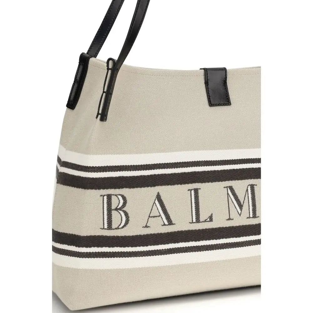 Beige toile sac cabas avec rayures noires et blanches et logo balm en lettres majuscules balmain multicolor coton sac à bandoulière
