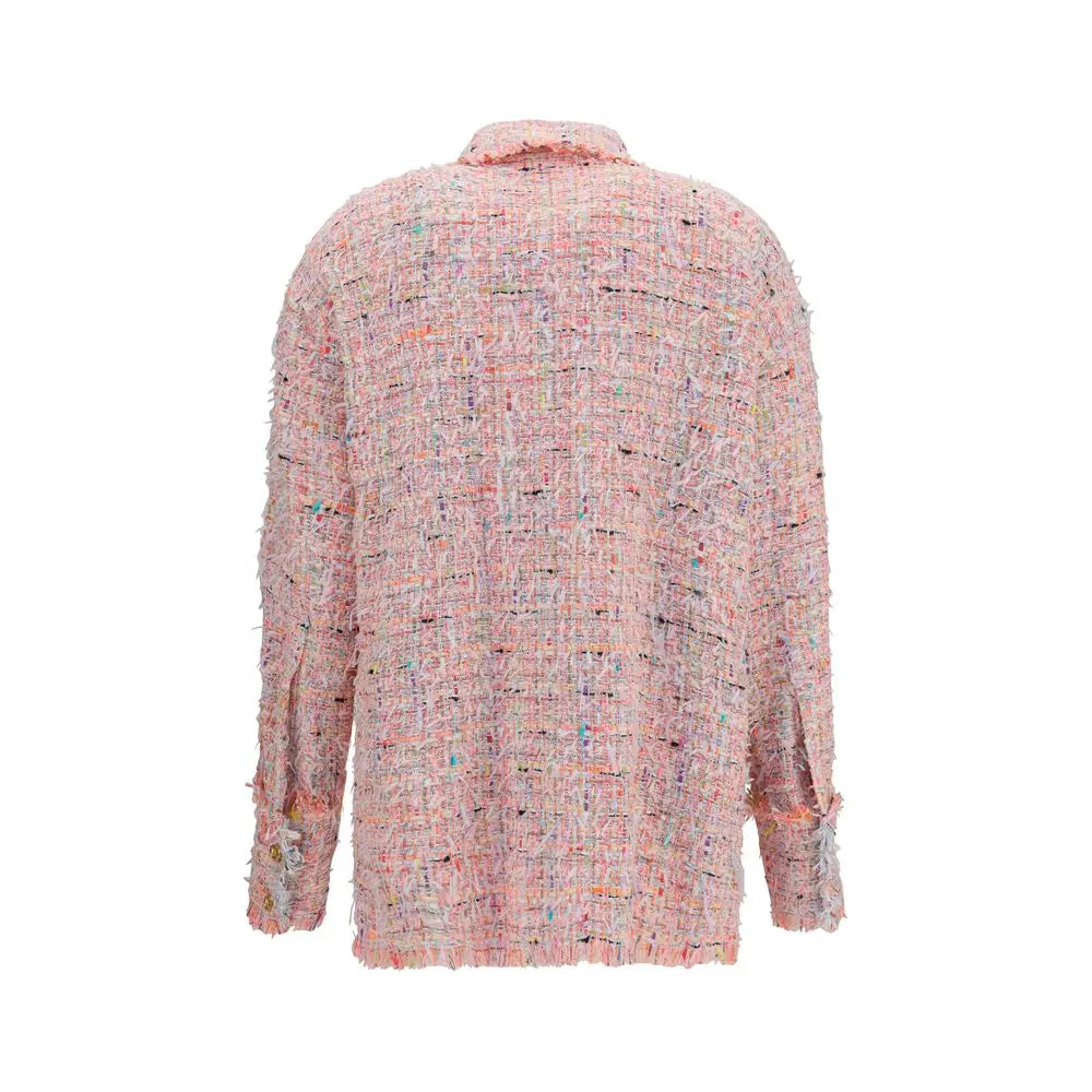 Blazer en tweed rose doux balmain avec tissage multicolore texturé et poignets légèrement effilochés polyamide