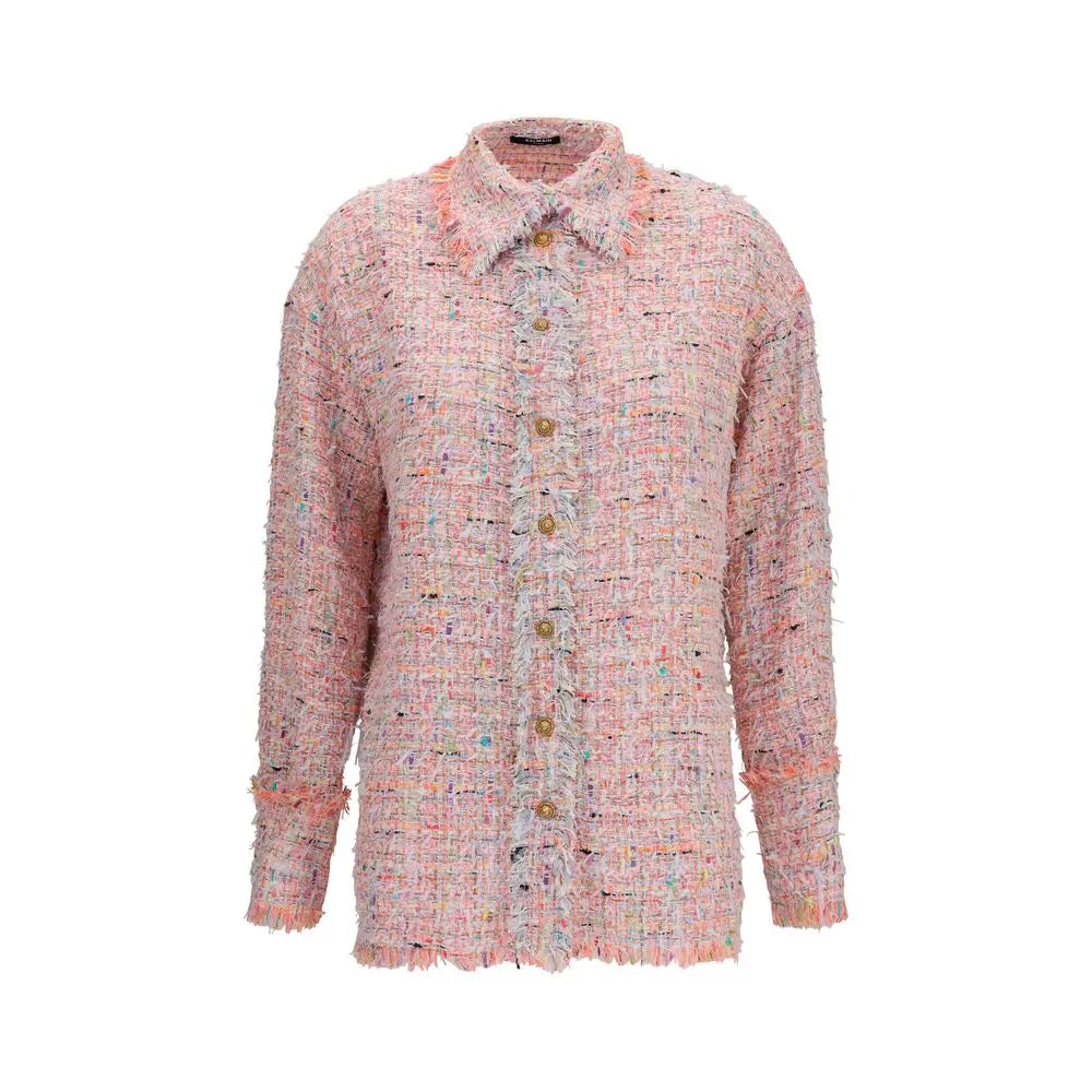 Blouse balmain multicolor en polyamide doux rose avec tissage texturé multicolore et bords effilochés