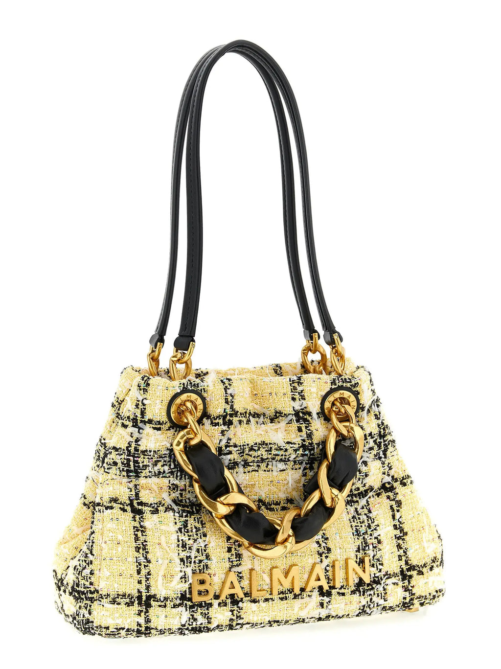 Sac fourre-tout balmain multicolore en tweed polyester à carreaux crème et noir avec poignées chaîne dorée et logo balmain