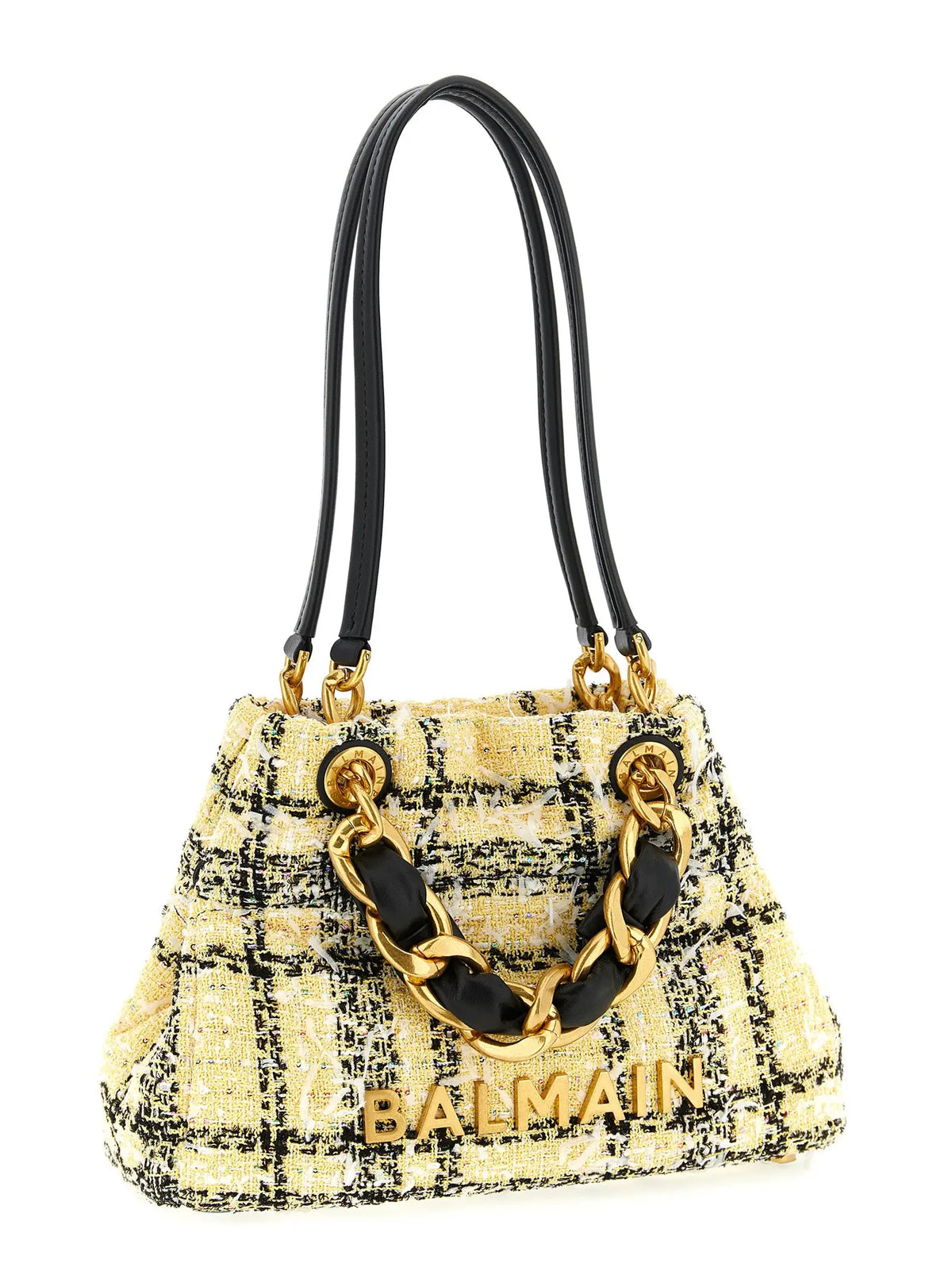 Sac fourre-tout balmain multicolore en tweed polyester à carreaux crème et noir avec poignées chaîne dorée et logo balmain