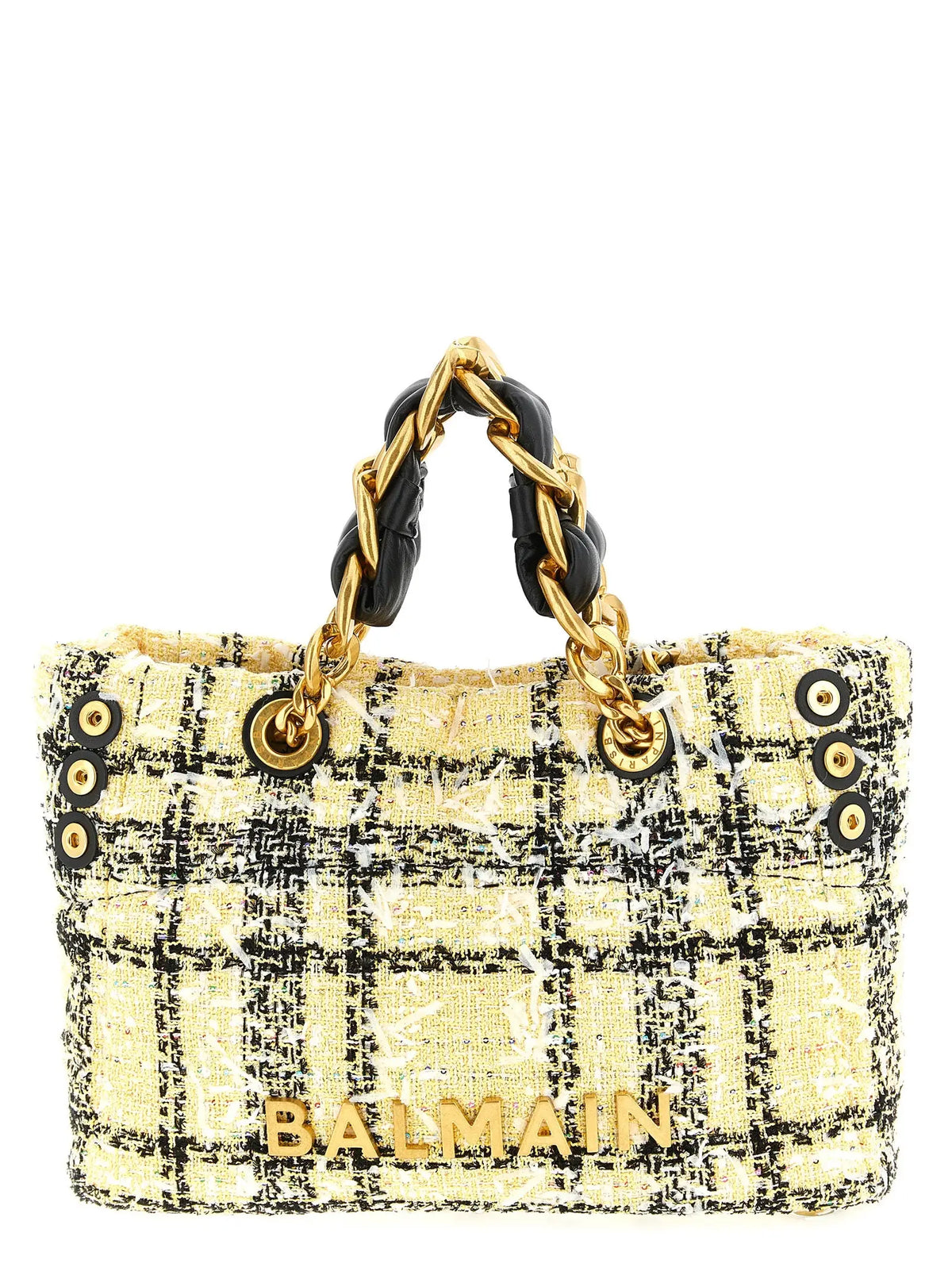 Balmain multicolor polyester tote bag cream and black plaid tweed with gold hardware and braided chain handle