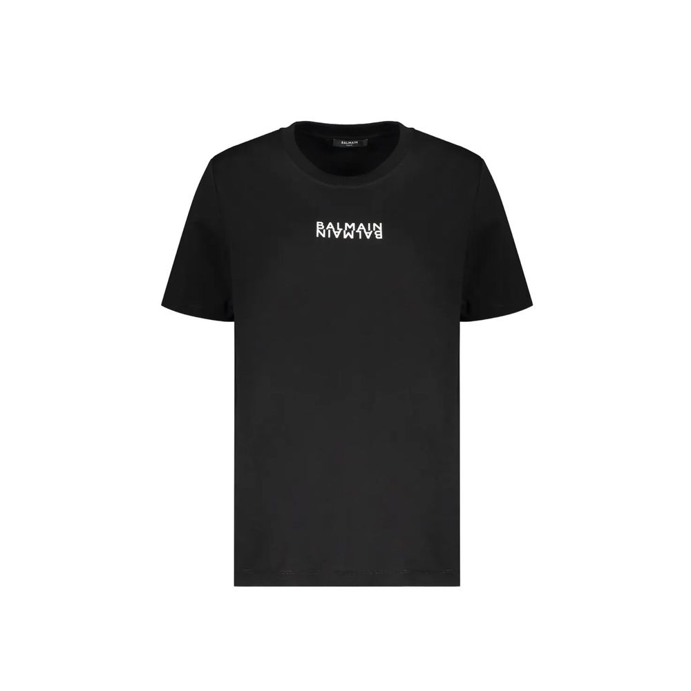 T-shirt noir en coton de la marque Balmain, coupe classique avec logo discret sur la poitrine, vue de face.