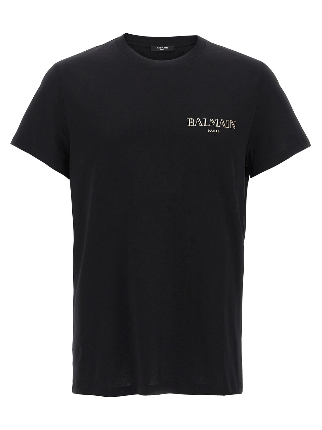 T-shirt noir en coton biologique de Balmain, coupe classique, visible sur un mannequin blanc.