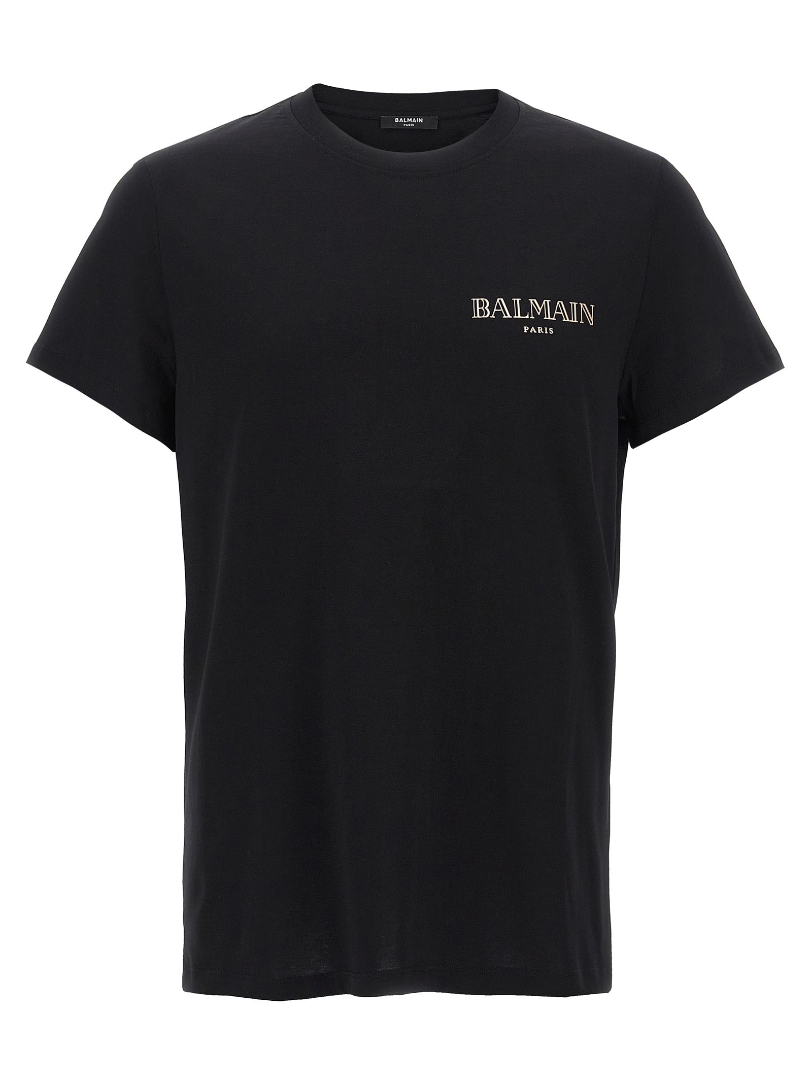 T-shirt noir en coton biologique de Balmain, coupe classique, visible sur un mannequin blanc.