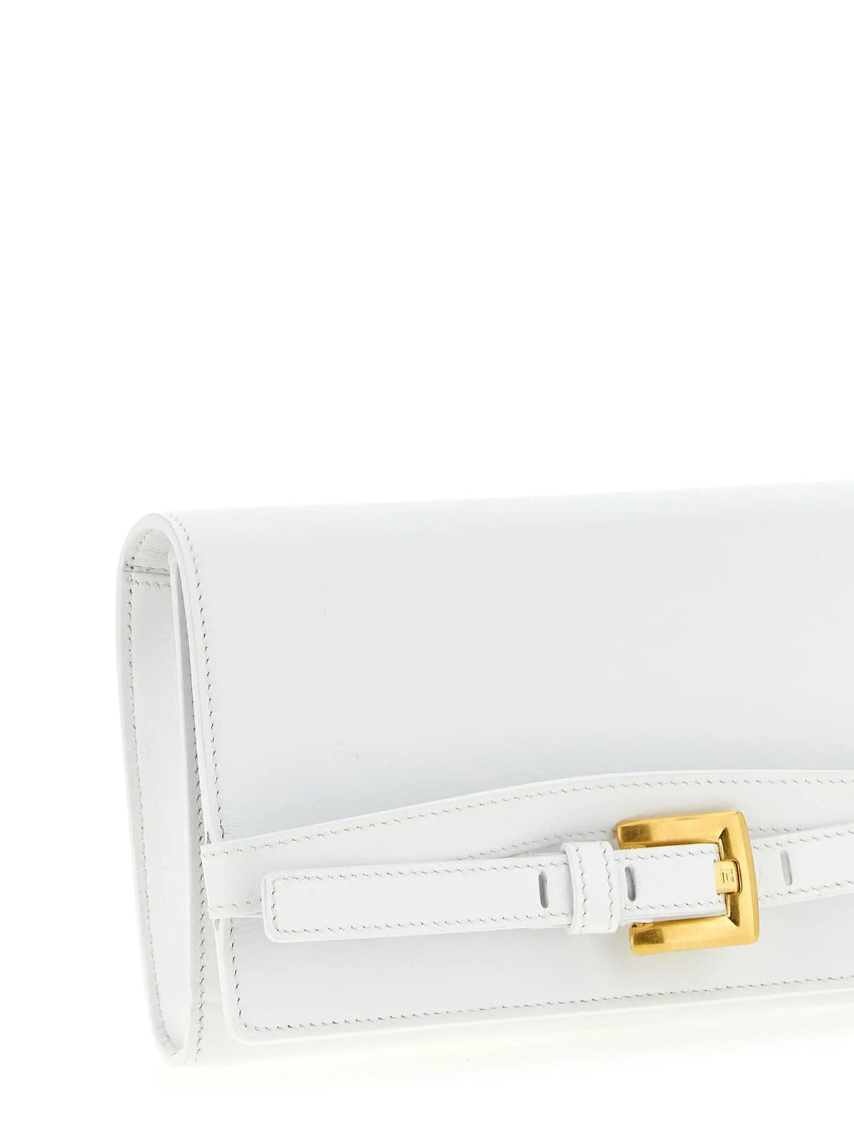 Balmain white calfskin cardholder with white leather clutch featuring gold-tone buckle and matching strap