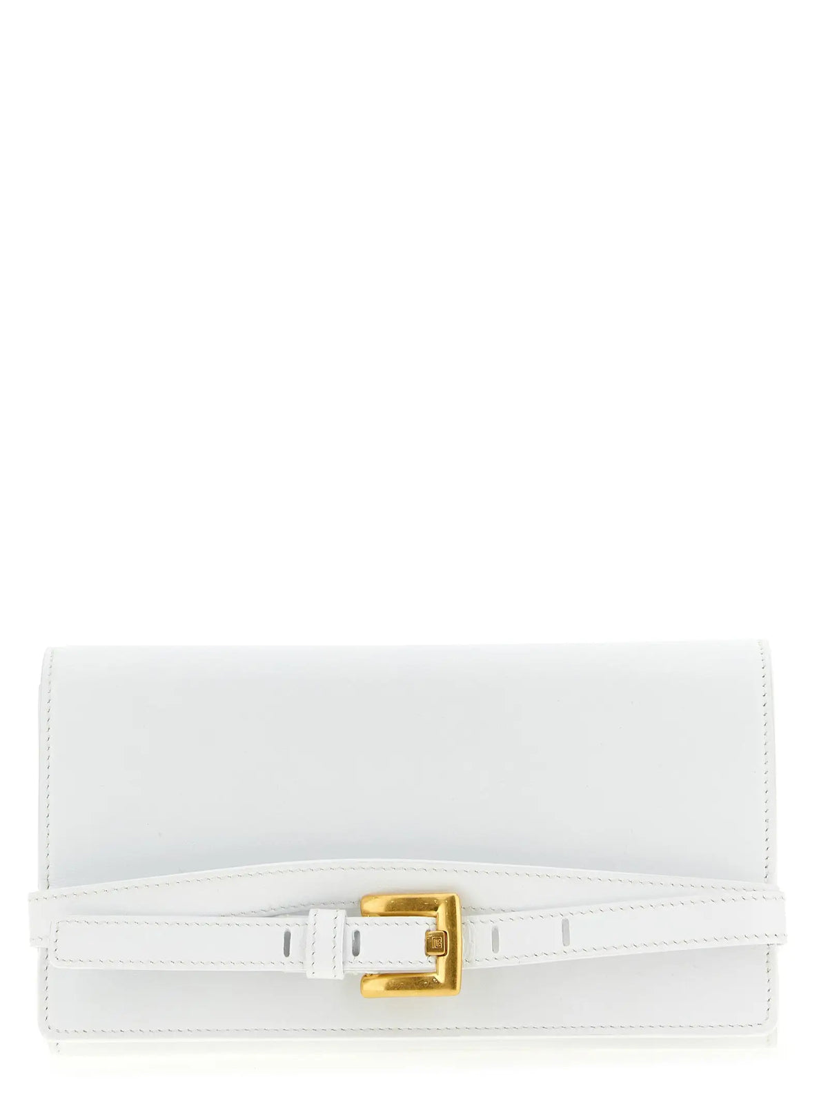 Balmain white calfskin cardholder with gold-tone buckle and matching strap in white leather clutch design