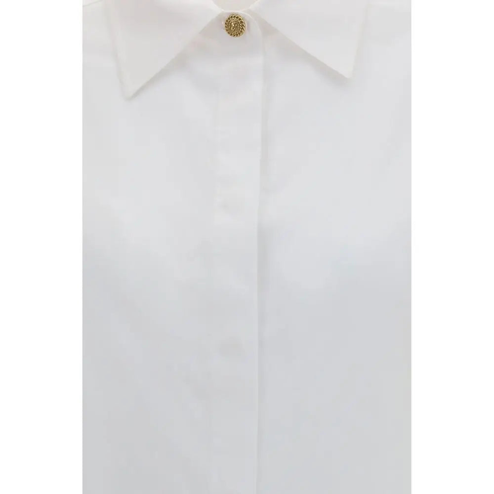 Chemise blanche en coton balmain avec bouton texturé circulaire doré au col