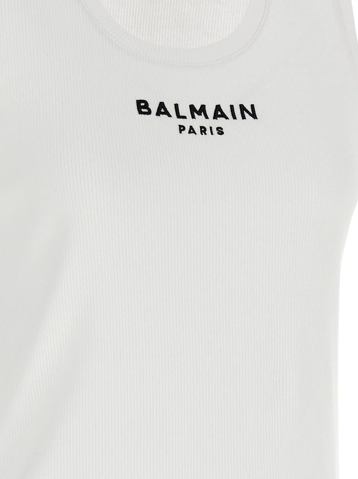 Débardeur blanc en coton balmain avec logo brodé noir balmain paris style côtelé